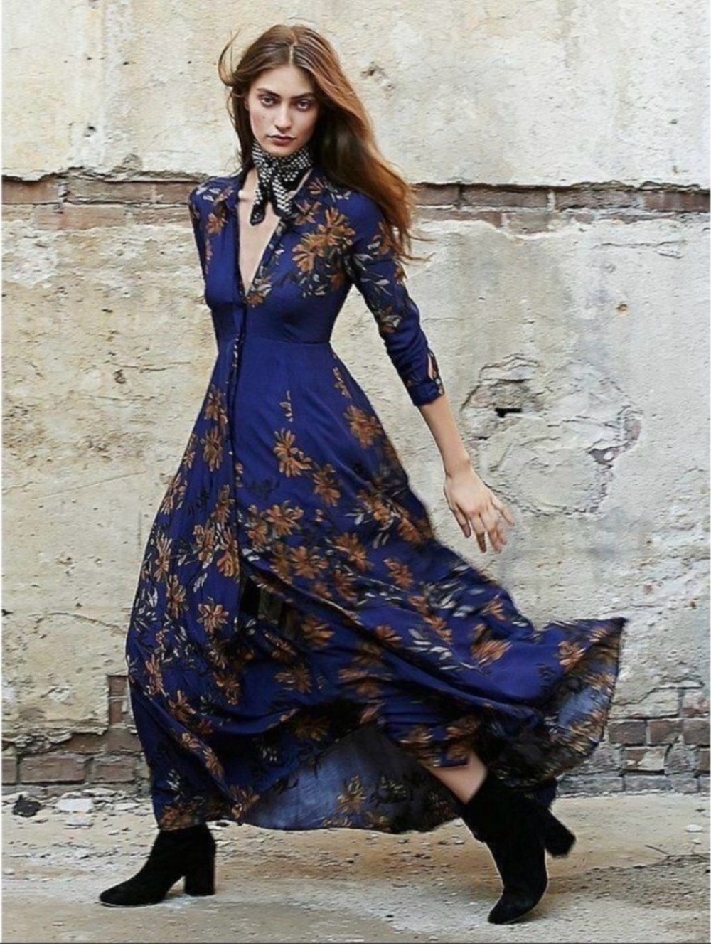 Free People ‘After the Storm’ Blue Floral Buttondown Maxi with Front Slit
